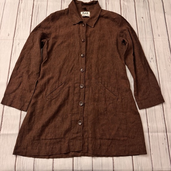 FLAX Women's 100% Linen Button Front Long Jacket Coat Small I Am Forever Yours - Picture 4 of 7